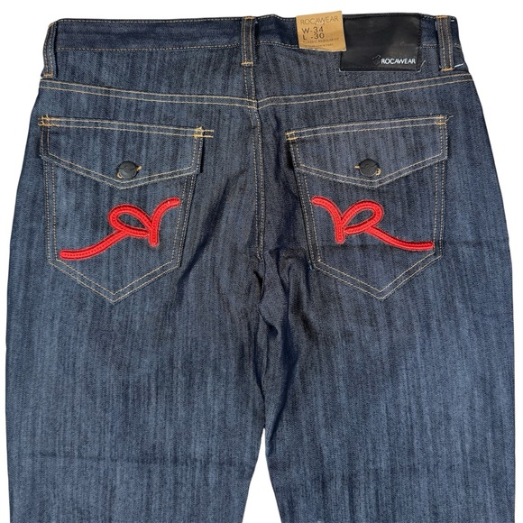 Vintage Y2K Rocawear Denim Jeans Baggy Indigo Wide Leg Selvedge Mens 34x29 NWT